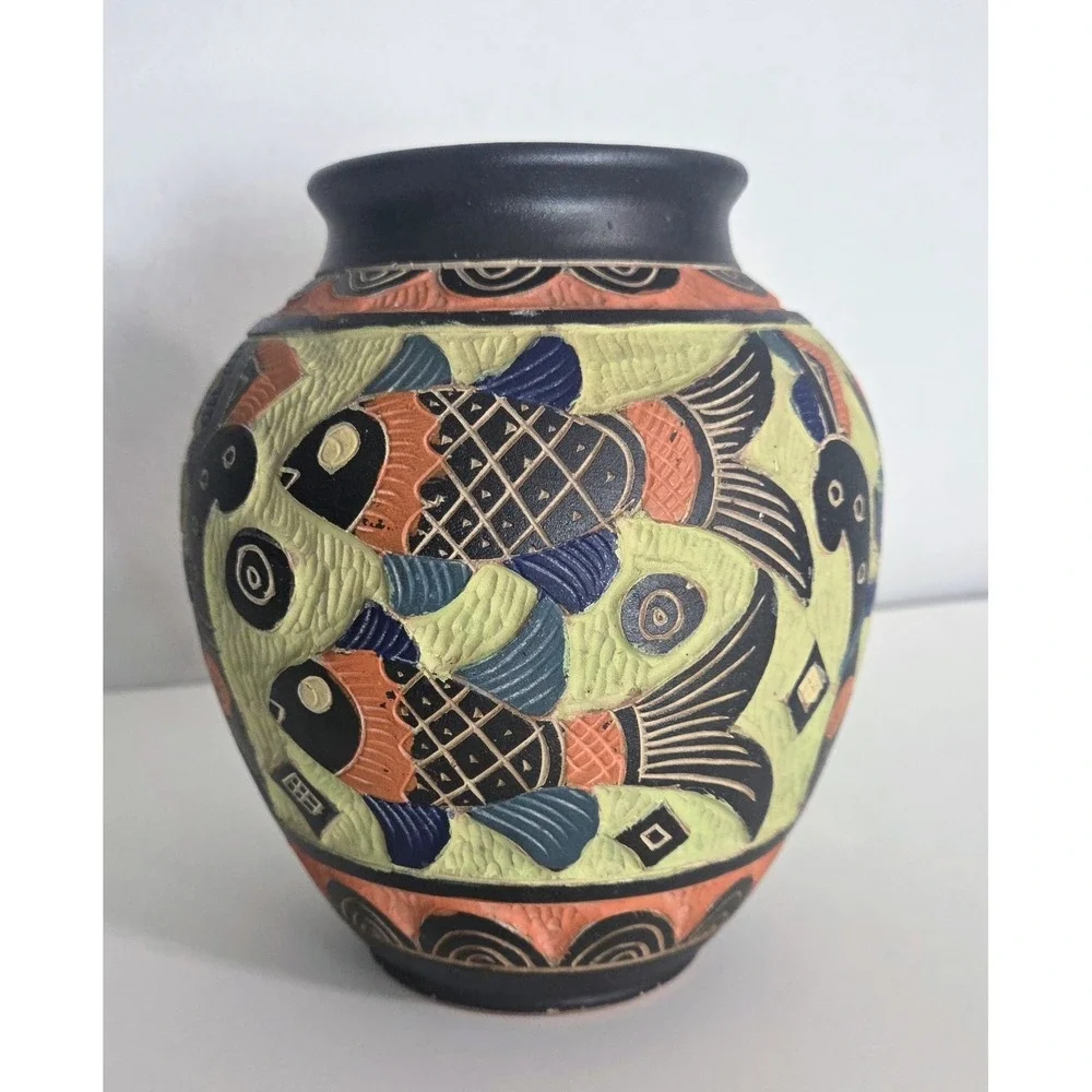 Vintage Okinawa‎ Japan Pottery Vase Hand Carved Double Sided RARE Multicolored